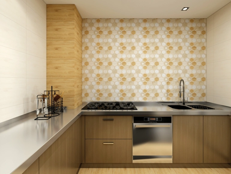 Sleek Parallel Kitchen with Hexagonal Floor Tiles